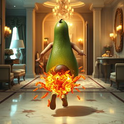 A realistic feminine avocado with a vibrant green skin, its back turned towards the viewer, gracefully running inside a lavishly decorated luxurious house