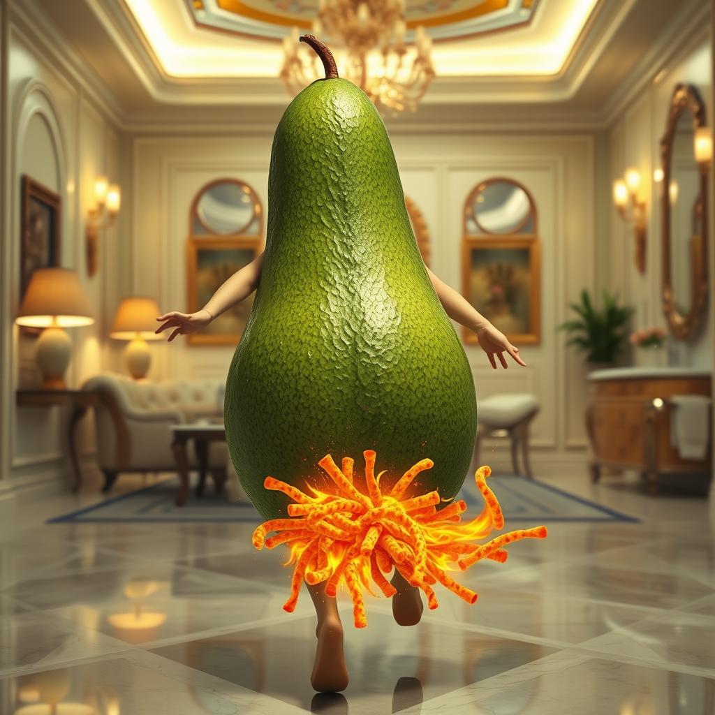 A realistic feminine avocado with a vibrant green skin, its back turned towards the viewer, gracefully running inside a lavishly decorated luxurious house