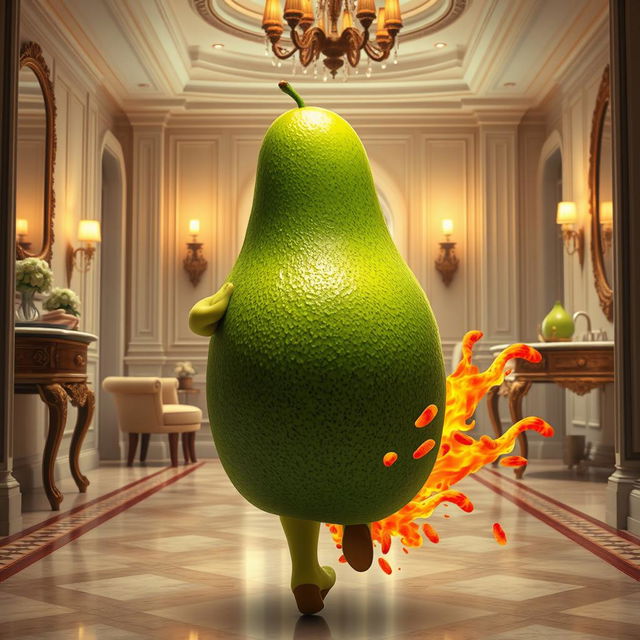 A realistic feminine avocado with a vibrant green skin, its back turned towards the viewer, gracefully running inside a lavishly decorated luxurious house