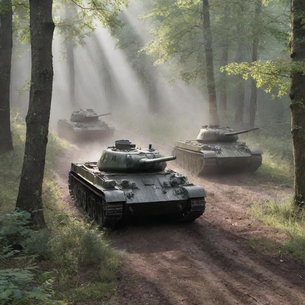 Several Soviet era tanks advancing steadily through a dense, lush forest, leaving a trail of disturbed foliage and dirt in their wake. Misty rays of sunlight are leaking through the canopies above.