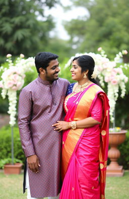 An Indian married couple, both with dark skin tones, standing together in a lovely outdoor setting