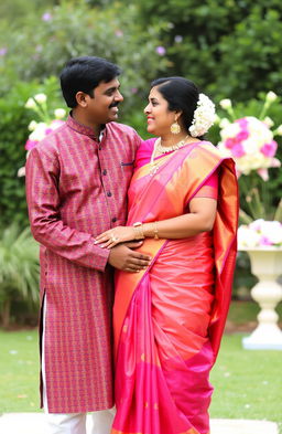 An Indian married couple, both with dark skin tones, standing together in a lovely outdoor setting