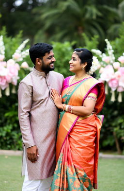 An Indian married couple, both with dark skin tones, standing together in a lovely outdoor setting