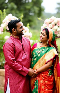 An Indian married couple, both with dark skin tones, standing together in a lovely outdoor setting