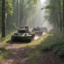 Several Soviet era tanks advancing steadily through a dense, lush forest, leaving a trail of disturbed foliage and dirt in their wake. Misty rays of sunlight are leaking through the canopies above.