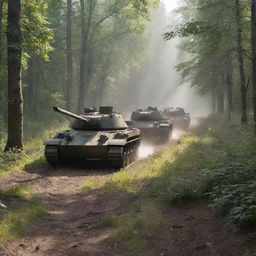 Several Soviet era tanks advancing steadily through a dense, lush forest, leaving a trail of disturbed foliage and dirt in their wake. Misty rays of sunlight are leaking through the canopies above.