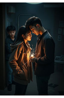 An intense scene for an enemies-to-lovers narrative featuring a handsome Korean male lead and a beautiful Chinese female lead, set against a backdrop of a dimly lit room cluttered with clues in a murder mystery