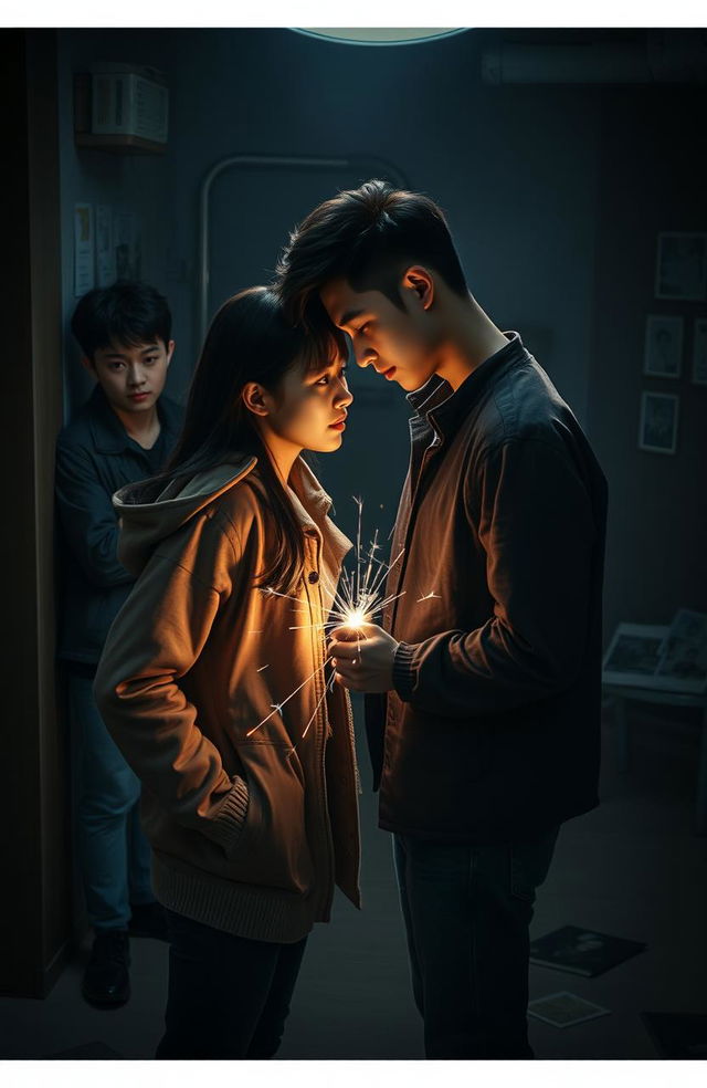 An intense scene for an enemies-to-lovers narrative featuring a handsome Korean male lead and a beautiful Chinese female lead, set against a backdrop of a dimly lit room cluttered with clues in a murder mystery