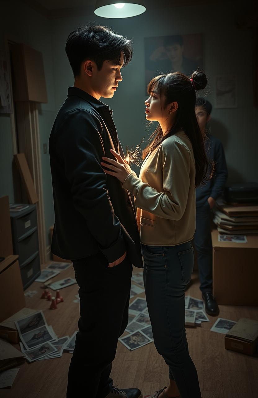 An intense scene for an enemies-to-lovers narrative featuring a handsome Korean male lead and a beautiful Chinese female lead, set against a backdrop of a dimly lit room cluttered with clues in a murder mystery