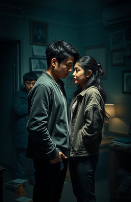 An intense scene for an enemies-to-lovers narrative featuring a handsome Korean male lead and a beautiful Chinese female lead, set against a backdrop of a dimly lit room cluttered with clues in a murder mystery