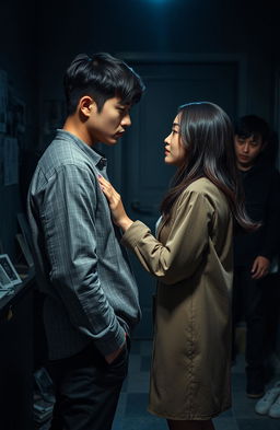 An intense scene for an enemies-to-lovers narrative featuring a handsome Korean male lead and a beautiful Chinese female lead, set against a backdrop of a dimly lit room cluttered with clues in a murder mystery