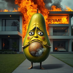 A realistic feminine avocado with a panicked and sad face, standing outside of a luxurious modern house that is engulfed in flames