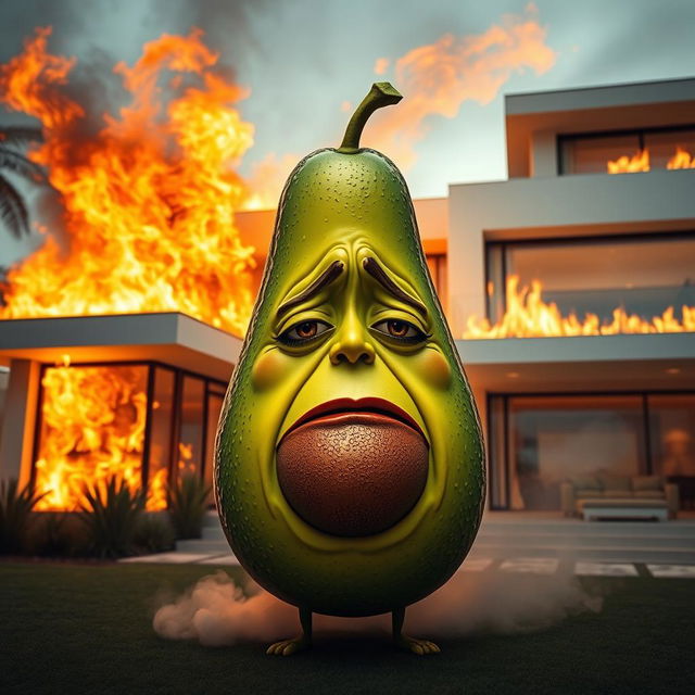 A realistic feminine avocado with a panicked and sad face, standing outside of a luxurious modern house that is engulfed in flames