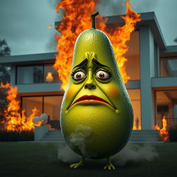 A realistic feminine avocado with a panicked and sad face, standing outside of a luxurious modern house that is engulfed in flames