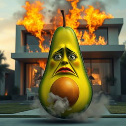 A realistic feminine avocado with a panicked and sad face, standing outside of a luxurious modern house that is engulfed in flames