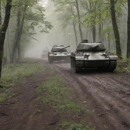 Several Soviet era tanks advancing steadily through a dense, lush forest, leaving a trail of disturbed foliage and dirt in their wake. Misty rays of sunlight are leaking through the canopies above.