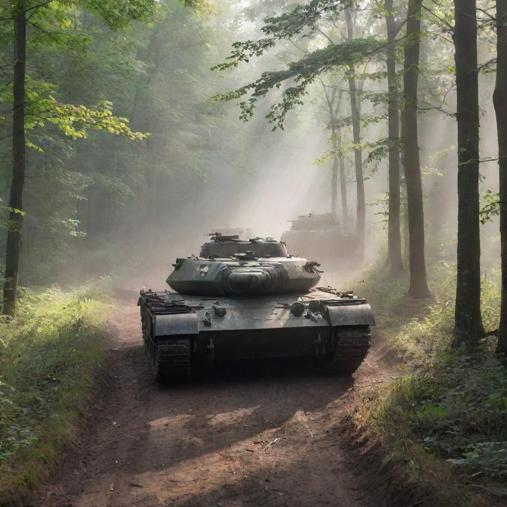 Several Soviet era tanks advancing steadily through a dense, lush forest, leaving a trail of disturbed foliage and dirt in their wake. Misty rays of sunlight are leaking through the canopies above.