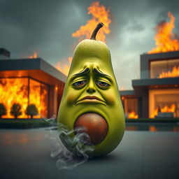 A realistic feminine avocado with a visibly sad face, situated outside of a luxurious modern house that is ablaze