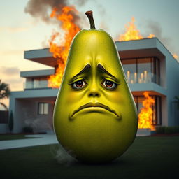 A realistic feminine avocado with a visibly sad face, situated outside of a luxurious modern house that is ablaze