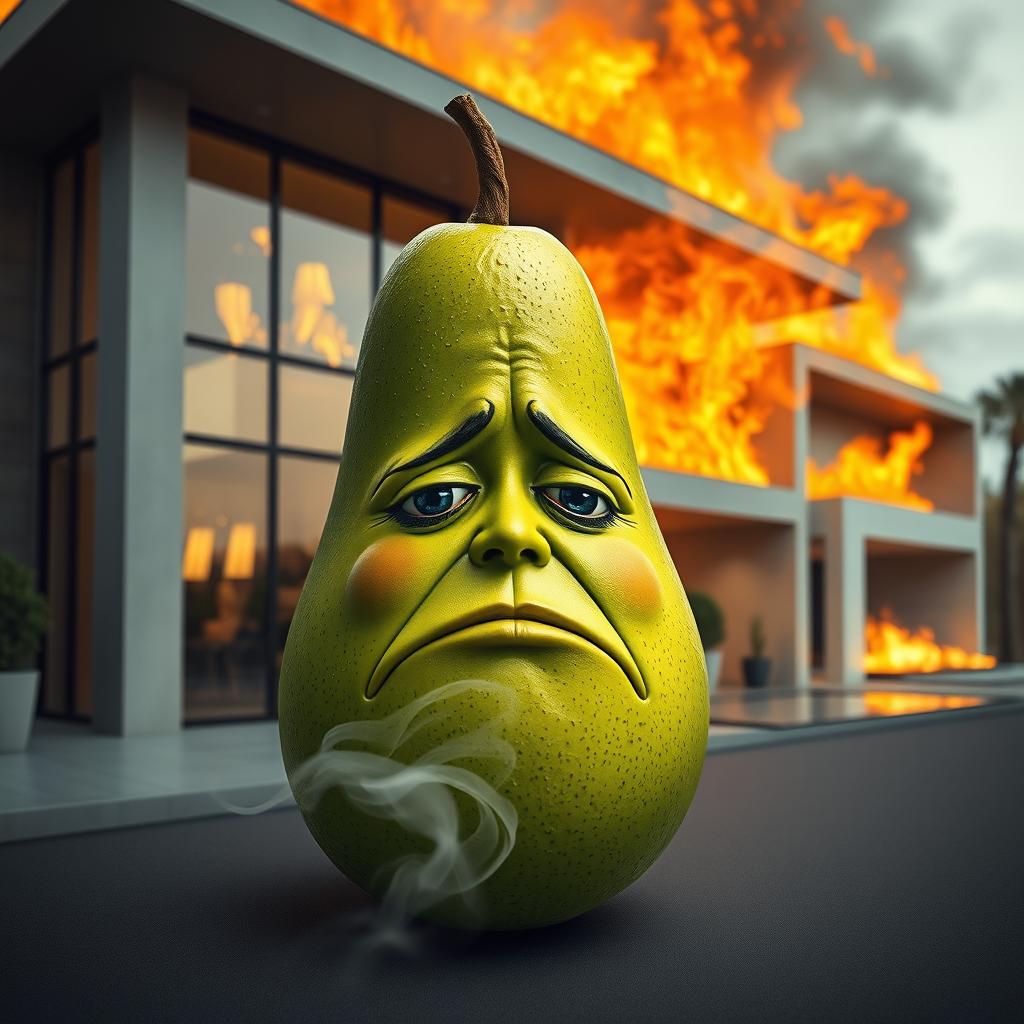 A realistic feminine avocado with a visibly sad face, situated outside of a luxurious modern house that is ablaze