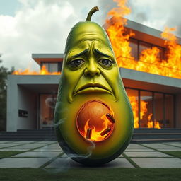 A realistic feminine avocado with a visibly sad face, situated outside of a luxurious modern house that is ablaze