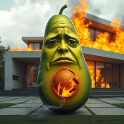 A realistic feminine avocado with a visibly sad face, situated outside of a luxurious modern house that is ablaze