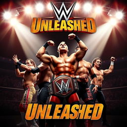 A dynamic and action-packed movie poster for a fictional WWE film, featuring muscular wrestlers in striking poses, wearing colorful wrestling attire