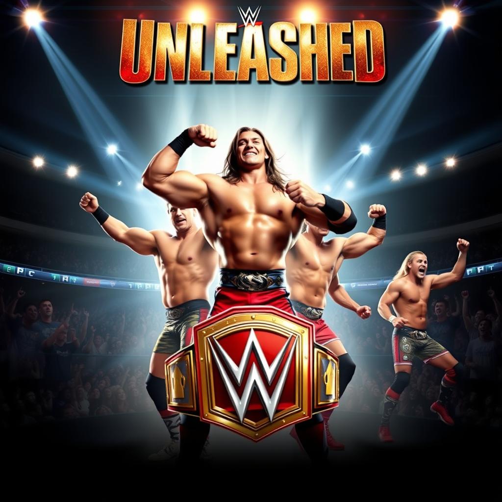 A dynamic and action-packed movie poster for a fictional WWE film, featuring muscular wrestlers in striking poses, wearing colorful wrestling attire