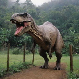 The intimidating T-Rex now stands enclosed within a robust 1000-watt electrified fence, a symbol of the extreme measures taken to ensure safety in John Hammond's groundbreaking Jurassic Park on Isla Nublar.