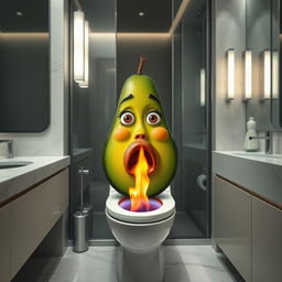 A realistic feminine avocado with a surprised face, positioned inside a luxurious modern bathroom