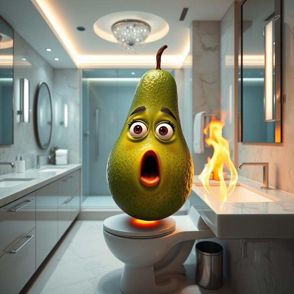 A realistic feminine avocado with a surprised face, positioned inside a luxurious modern bathroom