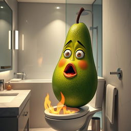 A realistic feminine avocado with a surprised face, positioned inside a luxurious modern bathroom