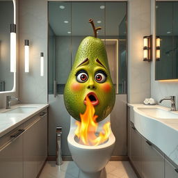 A realistic feminine avocado with a surprised face, positioned inside a luxurious modern bathroom