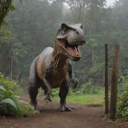 The intimidating T-Rex now stands enclosed within a robust 1000-watt electrified fence, a symbol of the extreme measures taken to ensure safety in John Hammond's groundbreaking Jurassic Park on Isla Nublar.