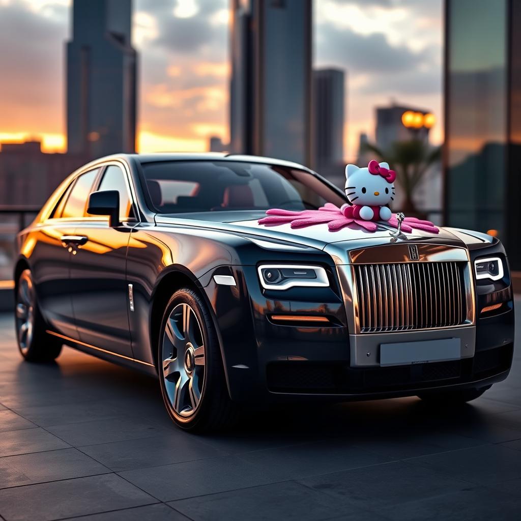 A luxurious Rolls Royce Ghost automobile featuring a stylish, glossy black exterior with exquisite detailing, parked in an elegant setting