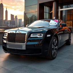 A luxurious Rolls Royce Ghost automobile featuring a stylish, glossy black exterior with exquisite detailing, parked in an elegant setting