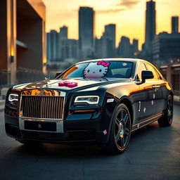 A luxurious Rolls Royce Ghost automobile featuring a stylish, glossy black exterior with exquisite detailing, parked in an elegant setting