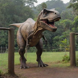 The intimidating T-Rex now stands enclosed within a robust 1000-watt electrified fence, a symbol of the extreme measures taken to ensure safety in John Hammond's groundbreaking Jurassic Park on Isla Nublar.