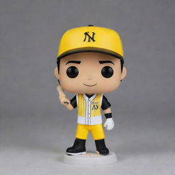 Generate an image of a Funko Pop figure, intricately designed as a baseball player from the team 'Novatico'. The uniform is white with thin white stripes, black and yellow letters, black sleeves, a black cap with a white embellished 'N' on the front. He is holding a baseball bat in one hand and celebrating with the other raised. The figure is smiling, revealing teeth, wearing black shoes with yellow laces, curly hair, glasses, a beard, and black and yellow gloves. The figure is displayed both in