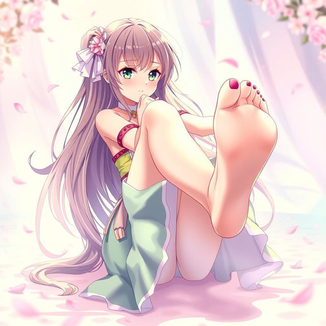 A beautiful anime girl with an alluring pose, showcasing her sexy feet