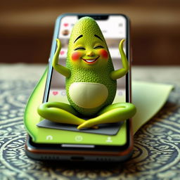 A realistic feminine avocado positioned on a yoga mat, displayed on a smartphone screen showcasing a social media interface