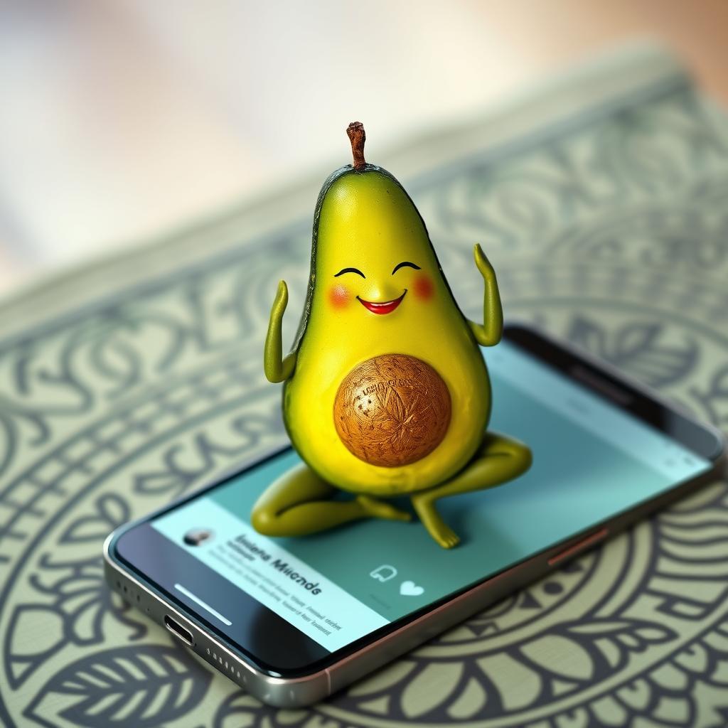 A realistic feminine avocado positioned on a yoga mat, displayed on a smartphone screen showcasing a social media interface