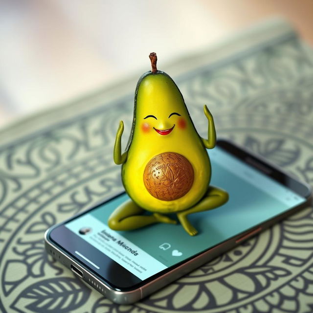 A realistic feminine avocado positioned on a yoga mat, displayed on a smartphone screen showcasing a social media interface