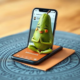 A realistic feminine avocado positioned on a yoga mat, displayed on a smartphone screen showcasing a social media interface