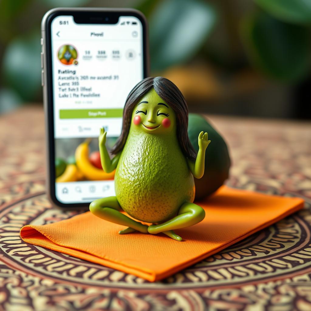 A realistic feminine avocado positioned on a yoga mat, displayed on a smartphone screen showcasing a social media interface