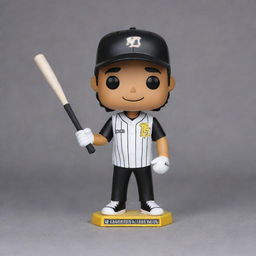 Generate an image of a Funko Pop figure, intricately designed as a baseball player from the team 'Novatico'. The uniform is white with thin white stripes, black and yellow letters, black sleeves, a black cap with a white embellished 'N' on the front. He is holding a baseball bat in one hand and celebrating with the other raised. The figure is smiling, revealing teeth, wearing black shoes with yellow laces, curly hair, glasses, a beard, and black and yellow gloves. The figure is displayed both in