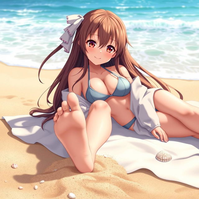A beautifully styled anime girl relaxing on the beach, showcasing her sexy feet