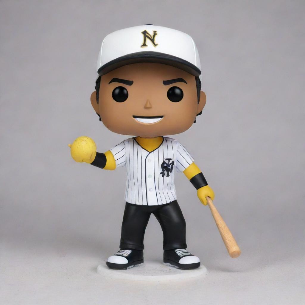 Generate an image of a Funko Pop figure, intricately designed as a baseball player from the team 'Novatico'. The uniform is white with thin white stripes, black and yellow letters, black sleeves, a black cap with a white embellished 'N' on the front. He is holding a baseball bat in one hand and celebrating with the other raised. The figure is smiling, revealing teeth, wearing black shoes with yellow laces, curly hair, glasses, a beard, and black and yellow gloves. The figure is displayed both in