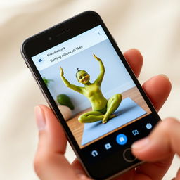 A realistic smartphone displaying a video on its screen featuring a feminine avocado gracefully performing yoga poses