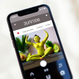 A realistic smartphone displaying a video on its screen featuring a feminine avocado gracefully performing yoga poses